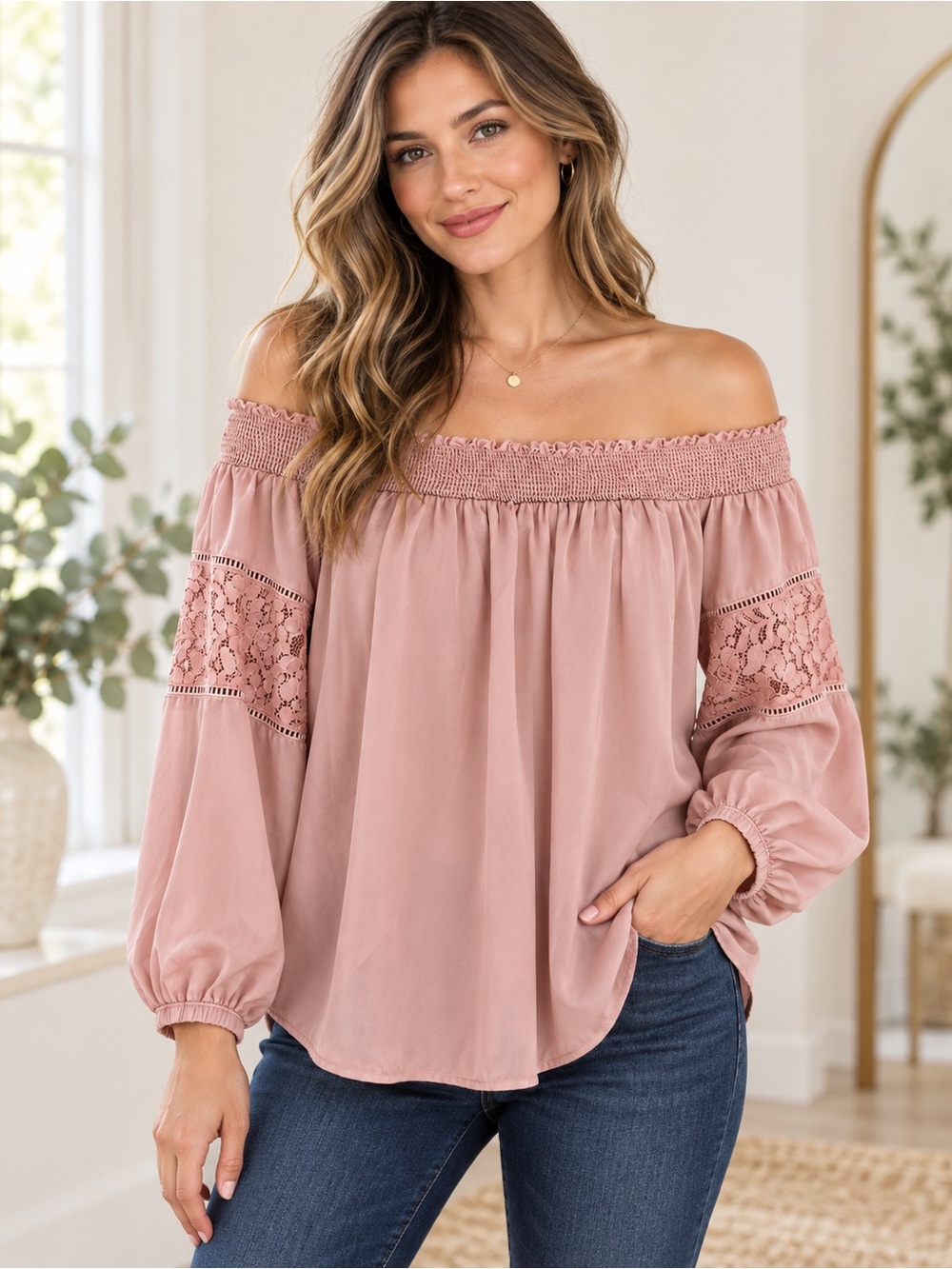 Blush Mauve Pink Off Shoulder Crochet Lace Sleeve Boho Top Medium